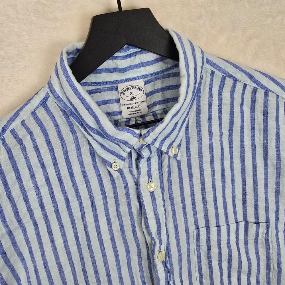 Brooks Brothers Mens XL Regular Fit 100% Linen Striped Short Sleeve Shirt Blue